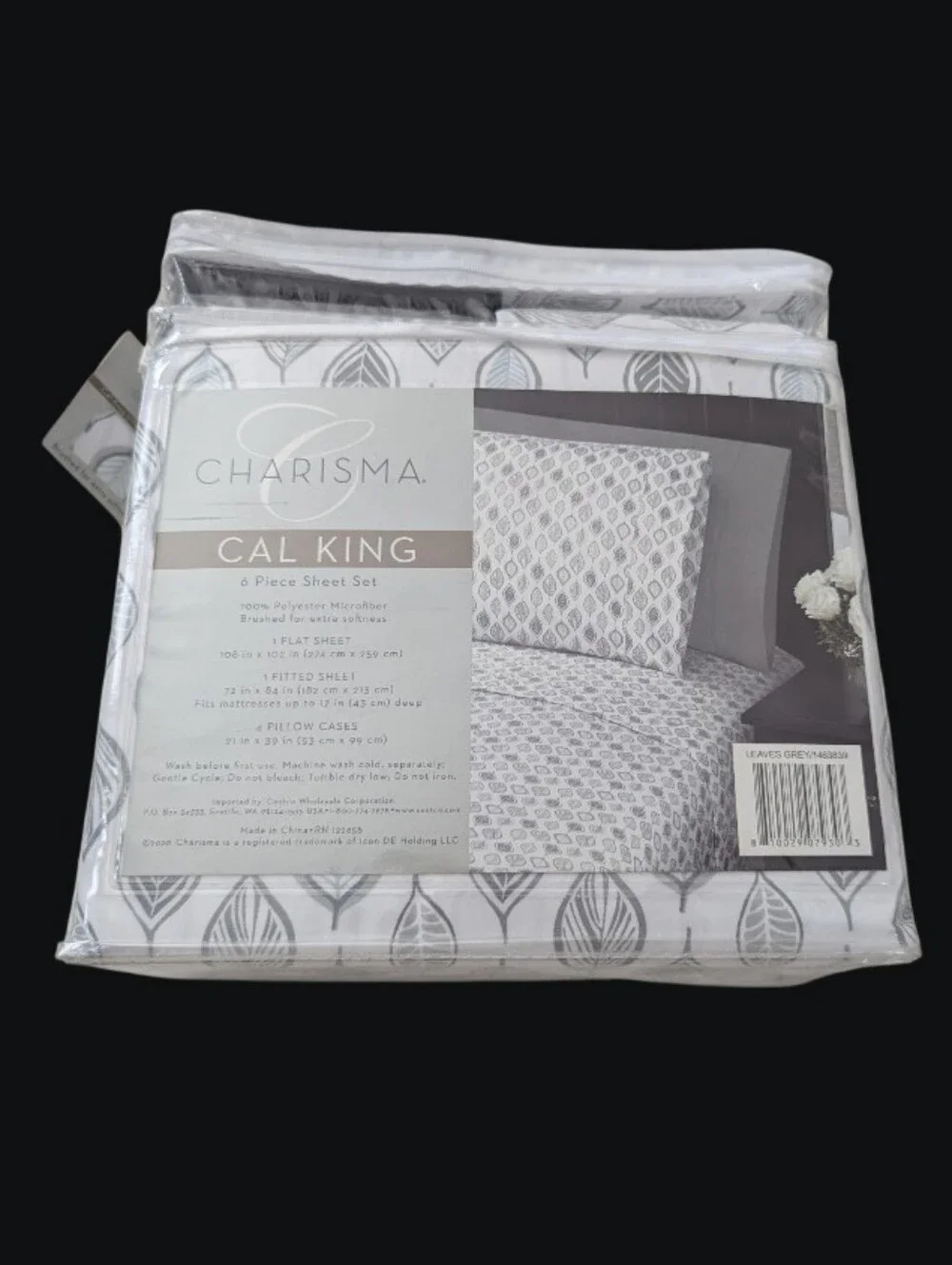 Charisma Microfiber Cal King 6- Piece Sheet Set Leaves Grey